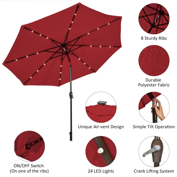 10 ft. Metal Market Solar Tilt Patio Umbrella in Wine with Crank and LED Lights
