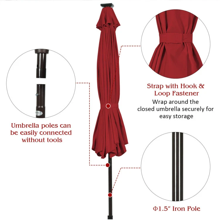 10 ft. Metal Market Solar Tilt Patio Umbrella in Wine with Crank and LED Lights