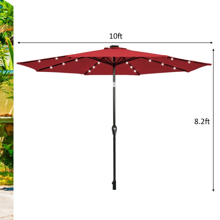 10 ft. Metal Market Solar Tilt Patio Umbrella in Wine with Crank and LED Lights