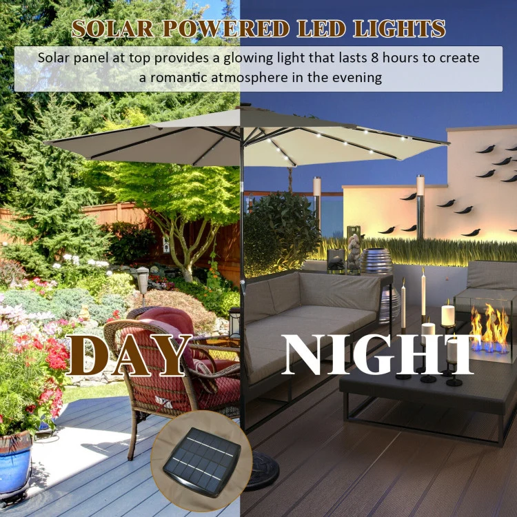 10 ft. Metal Market Solar Tilt Patio Umbrella in Tan with Crank and LED Lights