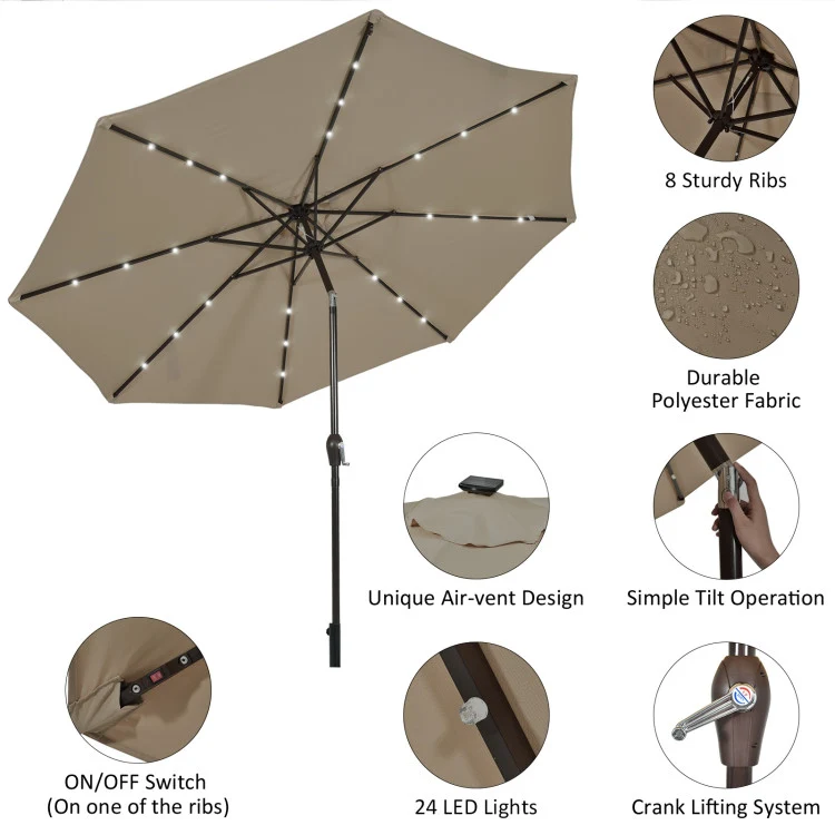 10 ft. Metal Market Solar Tilt Patio Umbrella in Tan with Crank and LED Lights