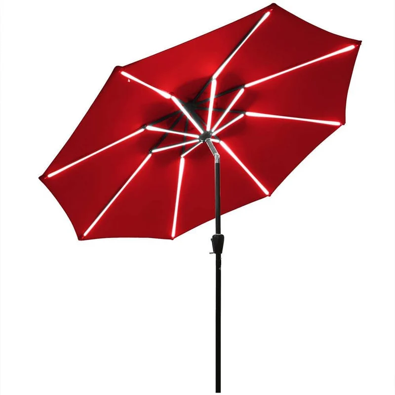 9 ft. Aluminum LED Lights Market Patio Umbrella with Crank and Tilt in Wine