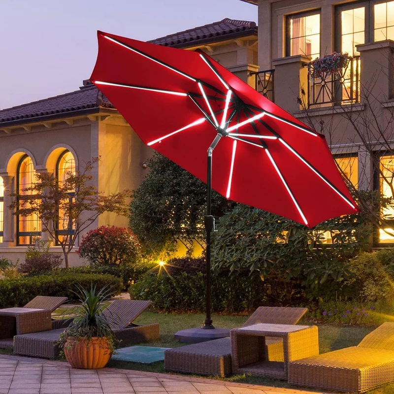 9 ft. Aluminum LED Lights Market Patio Umbrella with Crank and Tilt in Wine