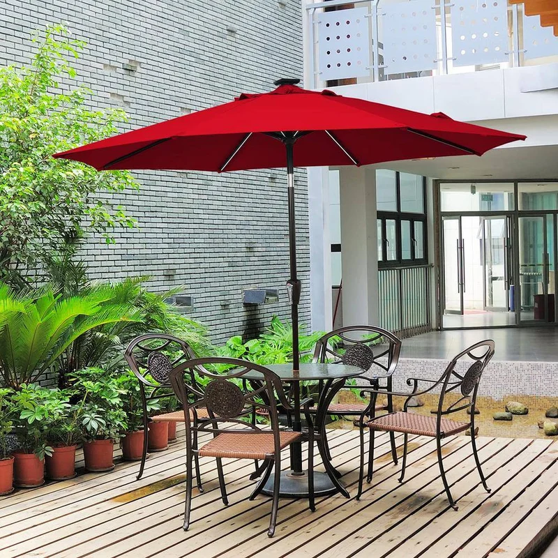 9 ft. Aluminum LED Lights Market Patio Umbrella with Crank and Tilt in Wine
