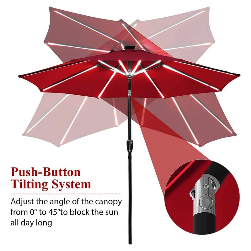 9 ft. Aluminum LED Lights Market Patio Umbrella with Crank and Tilt in Wine