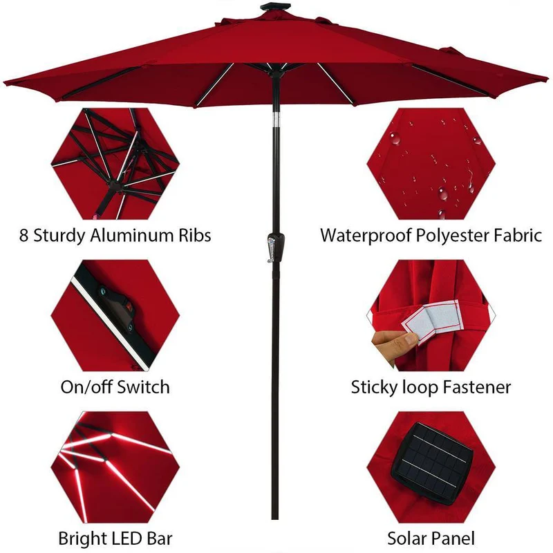 9 ft. Aluminum LED Lights Market Patio Umbrella with Crank and Tilt in Wine
