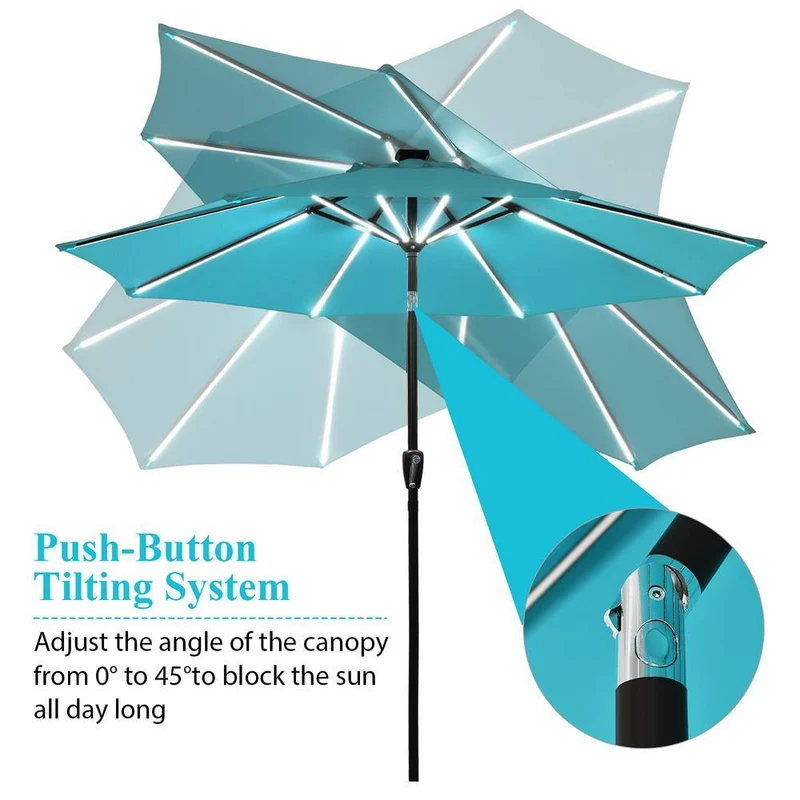 9 ft. Aluminum LED Lights Market Patio Umbrella with Crank and Tilt in Turquoise
