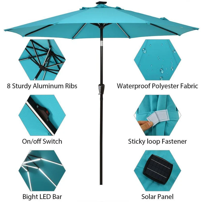 9 ft. Aluminum LED Lights Market Patio Umbrella with Crank and Tilt in Turquoise