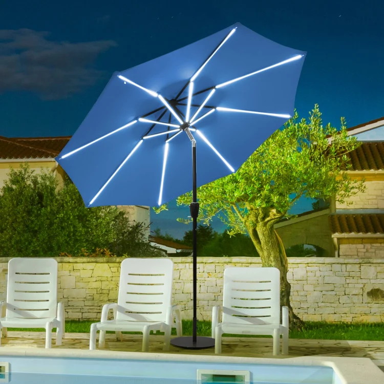 9 ft. Aluminum LED Lights Market Patio Umbrella with Crank and Tilt in Blue