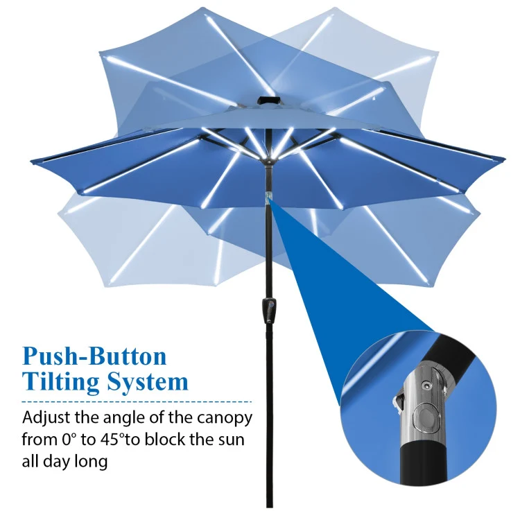 9 ft. Aluminum LED Lights Market Patio Umbrella with Crank and Tilt in Blue