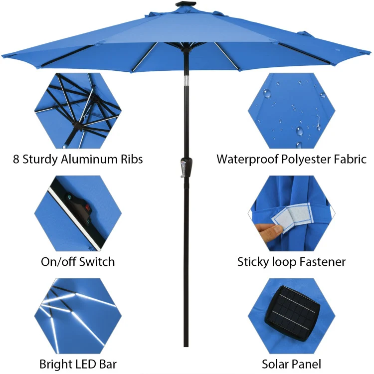 9 ft. Aluminum LED Lights Market Patio Umbrella with Crank and Tilt in Blue