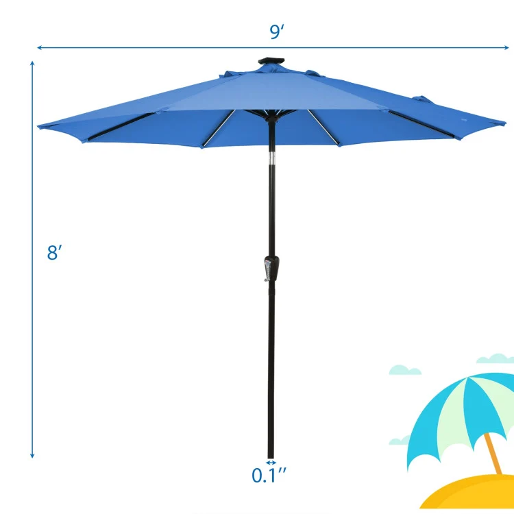 9 ft. Aluminum LED Lights Market Patio Umbrella with Crank and Tilt in Blue