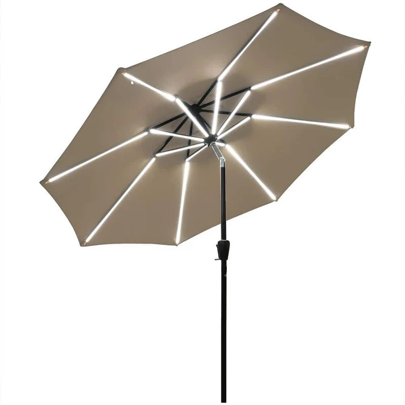 9 ft. Aluminum LED Lights Market Patio Umbrella with Crank and Tilt in Tan