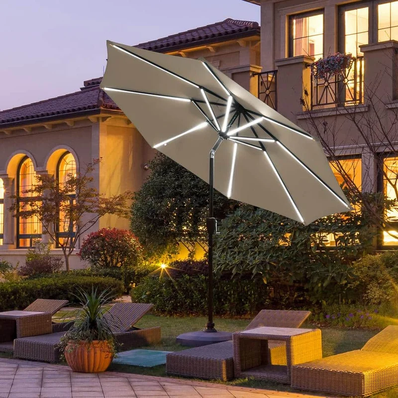 9 ft. Aluminum LED Lights Market Patio Umbrella with Crank and Tilt in Tan