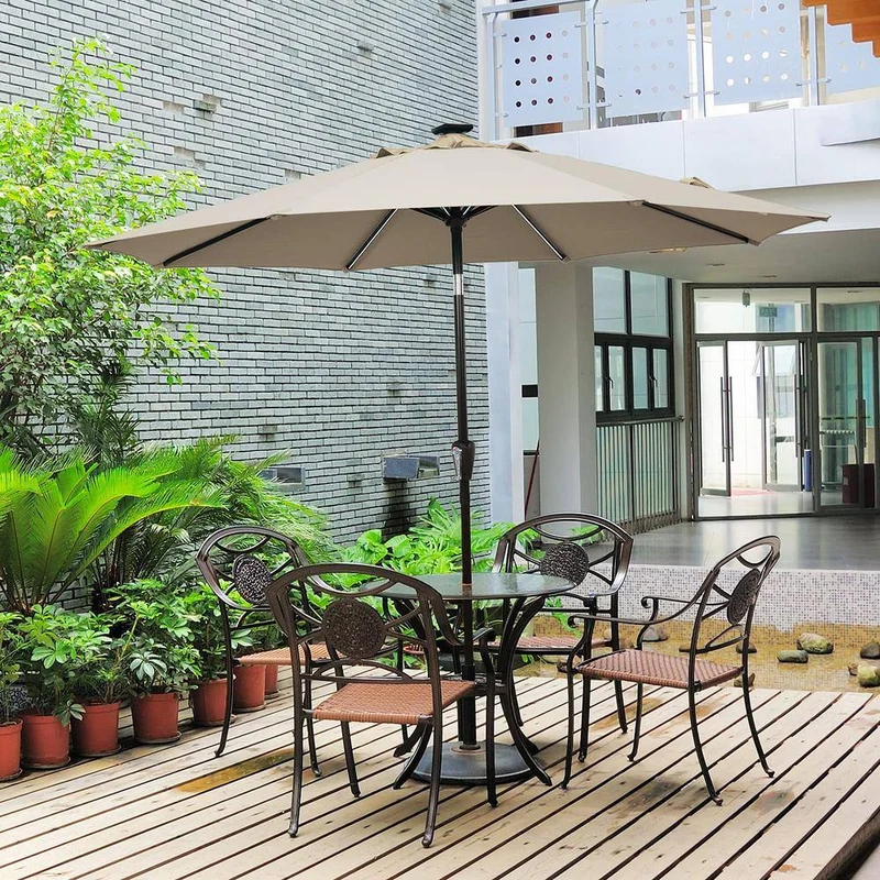9 ft. Aluminum LED Lights Market Patio Umbrella with Crank and Tilt in Tan