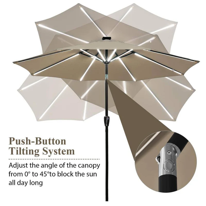 9 ft. Aluminum LED Lights Market Patio Umbrella with Crank and Tilt in Tan
