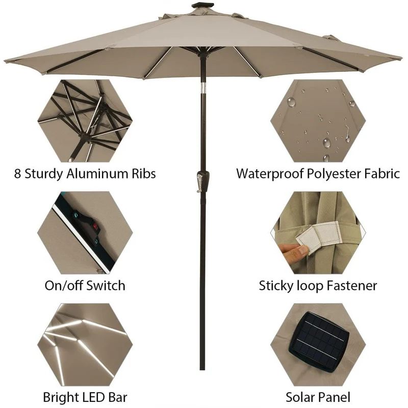 9 ft. Aluminum LED Lights Market Patio Umbrella with Crank and Tilt in Tan