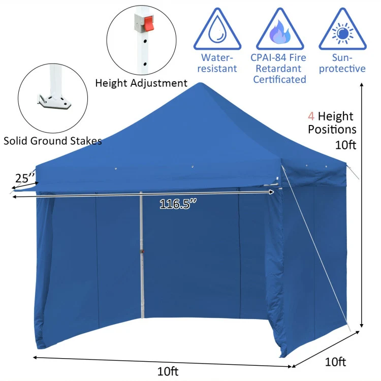 10 ft. x 10 ft. Blue Canopy Pop Up Tent with Removable Side Wall and Roller Bag