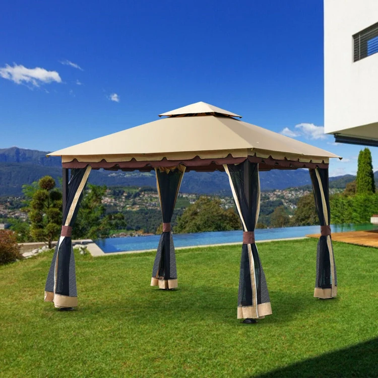 2-Tier 10 ft. x 10 ft. Steel Outdoor Garden Gazebo with Black Mesh Curtains