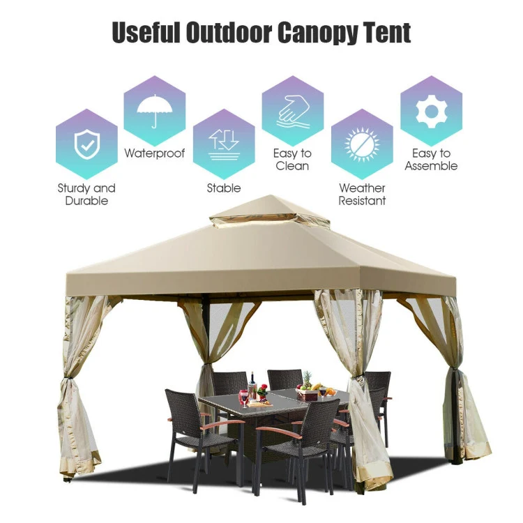 2-Tier 10 ft. x 10 ft. Beige Outdoor Patio Gazebo with Netting