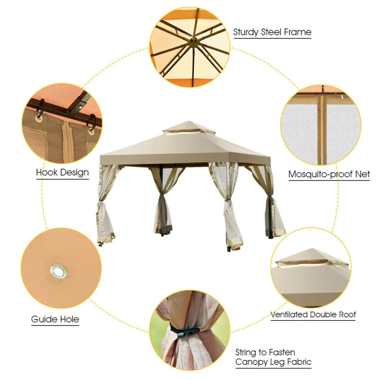 2-Tier 10 ft. x 10 ft. Beige Outdoor Patio Gazebo with Netting