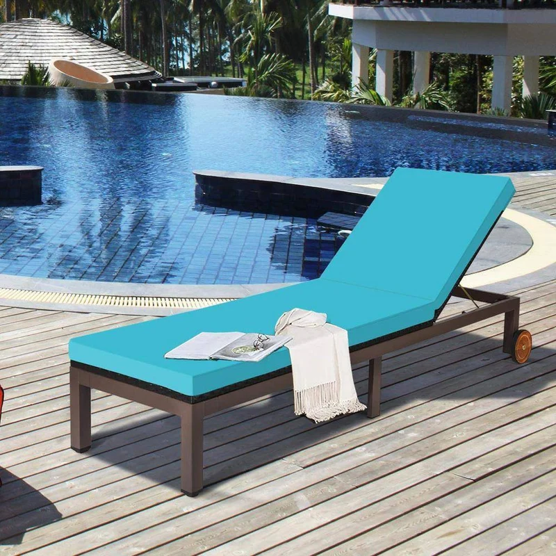 Brown Adjustable Wicker Outdoor Chaise Lounge with Turquoise Cushion and Wheels