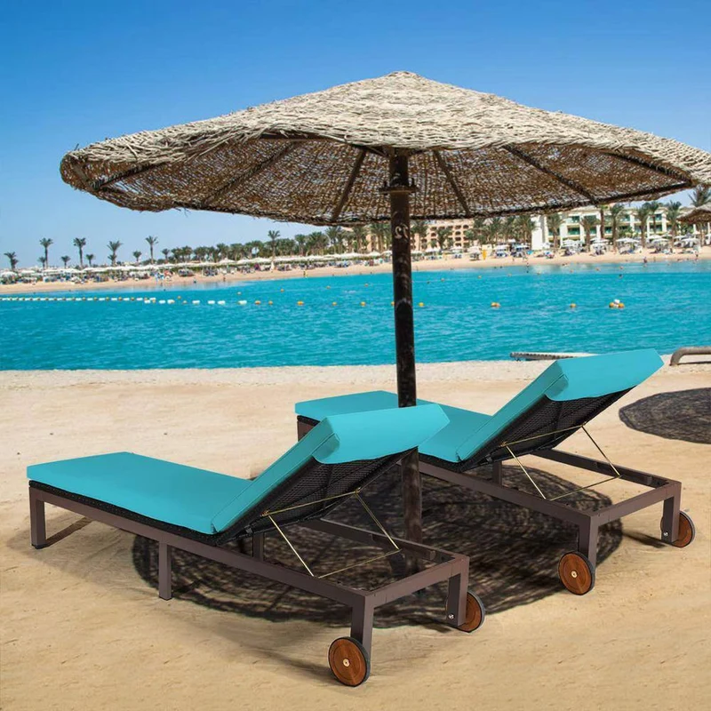 Brown Adjustable Wicker Outdoor Chaise Lounge with Turquoise Cushion and Wheels