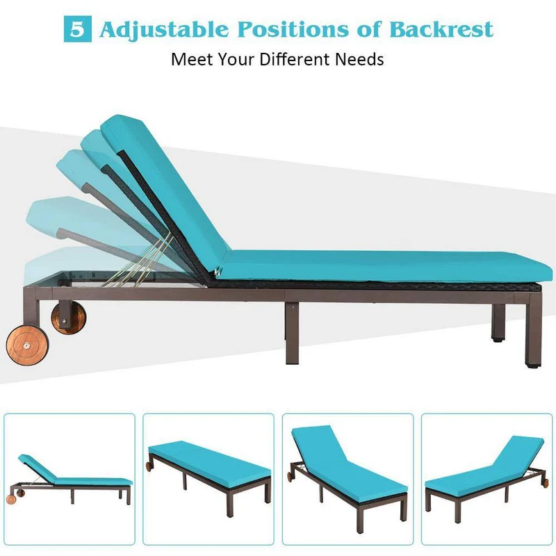 Brown Adjustable Wicker Outdoor Chaise Lounge with Turquoise Cushion and Wheels