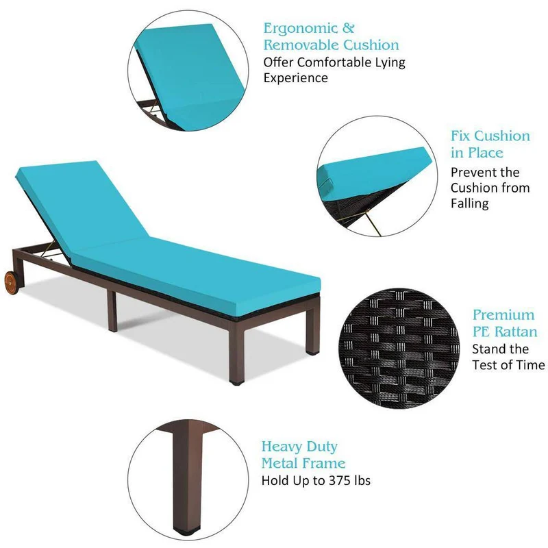 Brown Adjustable Wicker Outdoor Chaise Lounge with Turquoise Cushion and Wheels
