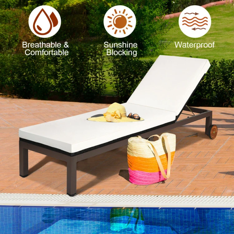 Brown Adjustable Wicker Outdoor Chaise Lounge with White Cushion and Wheels