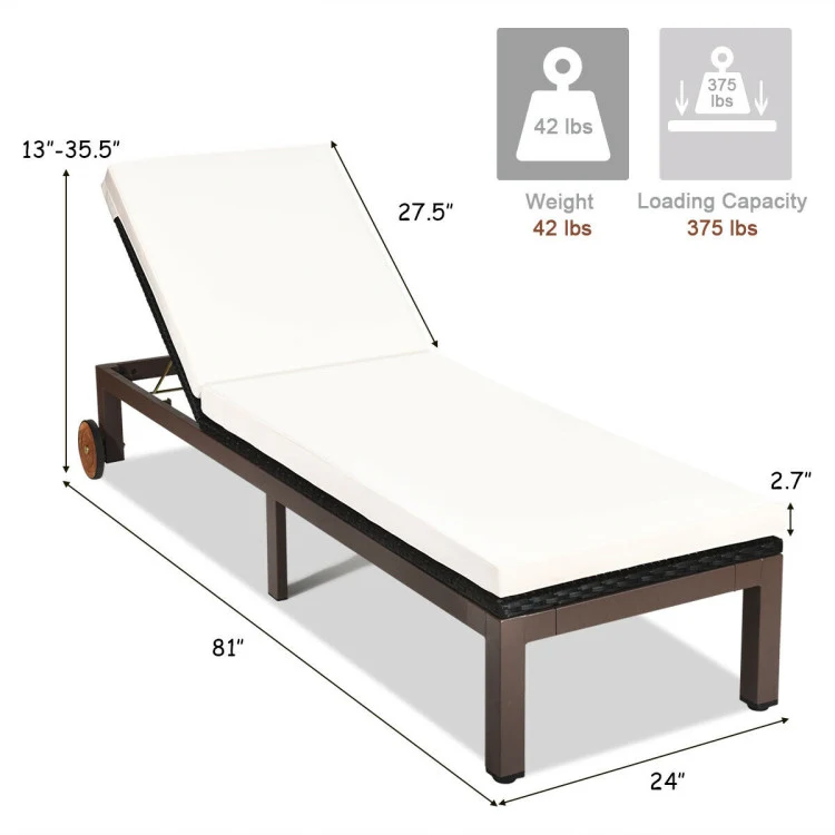 Brown Adjustable Wicker Outdoor Chaise Lounge with White Cushion and Wheels
