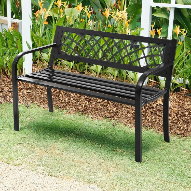 Lattice Black Metal Outdoor Patio Bench