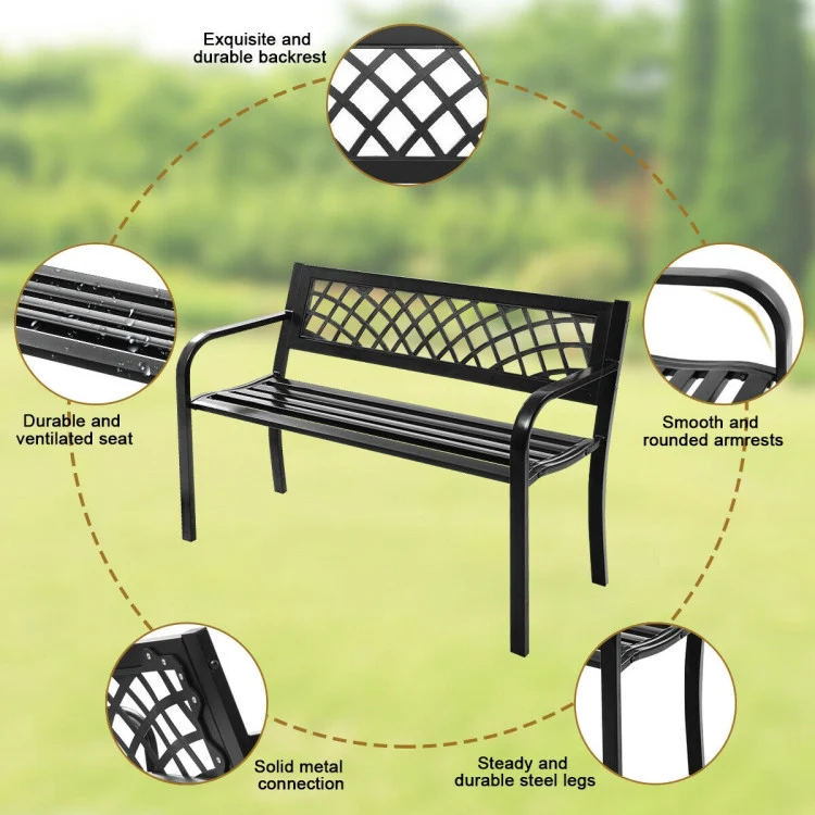 Lattice Black Metal Outdoor Patio Bench