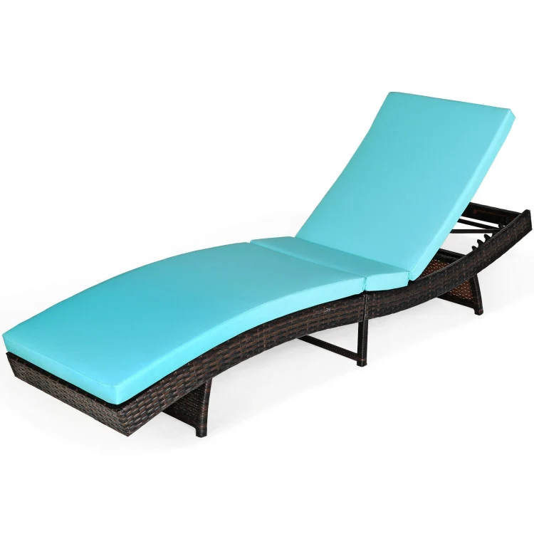 Brown Folding Wicker Outdoor Chaise Lounge with Turquoise Cushion