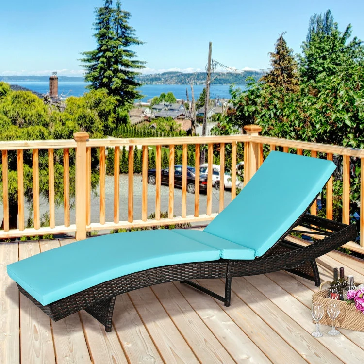 Brown Folding Wicker Outdoor Chaise Lounge with Turquoise Cushion