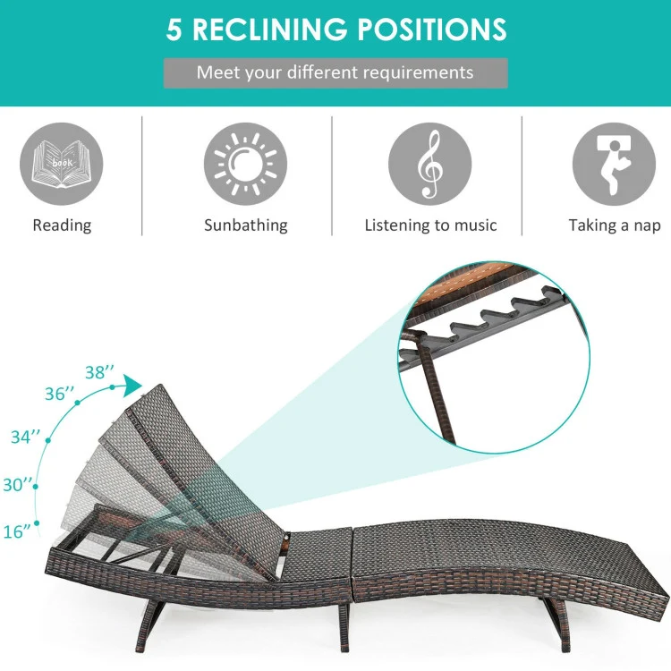 Brown Folding Wicker Outdoor Chaise Lounge with Turquoise Cushion