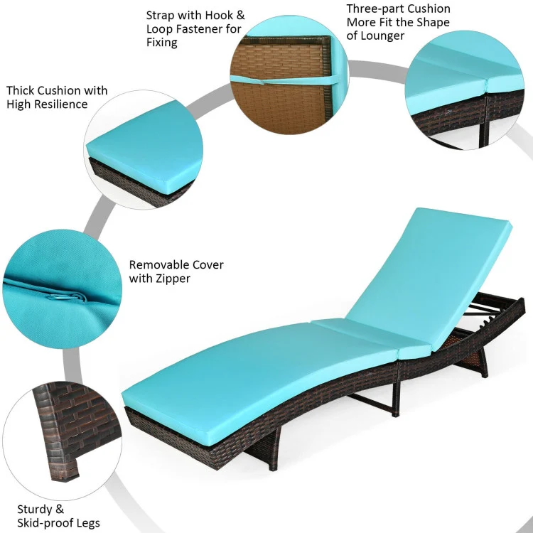 Brown Folding Wicker Outdoor Chaise Lounge with Turquoise Cushion