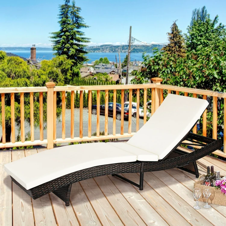 Brown 1-Piece Adjustable Wicker Outdoor Chaise Lounge with White Cushion