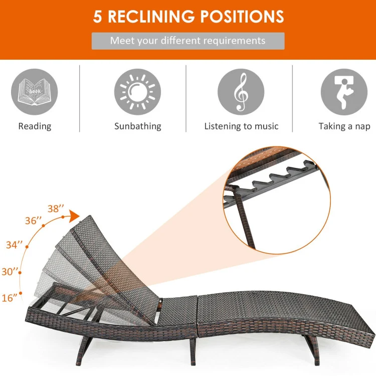 Brown 1-Piece Adjustable Wicker Outdoor Chaise Lounge with White Cushion