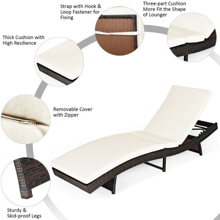 Brown 1-Piece Adjustable Wicker Outdoor Chaise Lounge with White Cushion