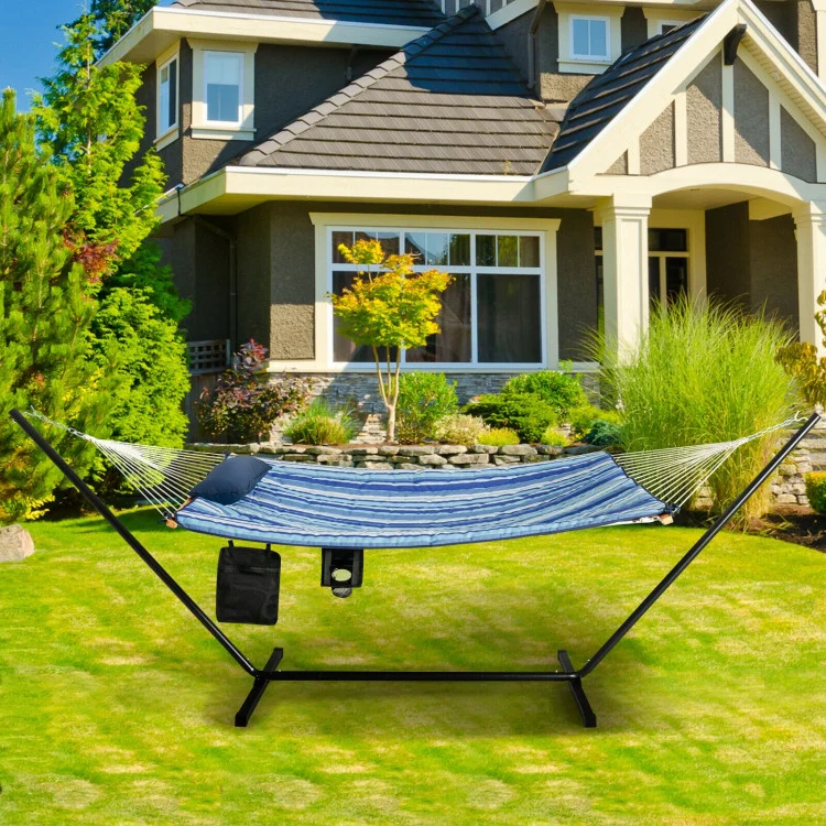 11.5 ft. Blue Fabric Cotton Double Brazilian Standing Hammock Bed with Pillow and Cup Holder