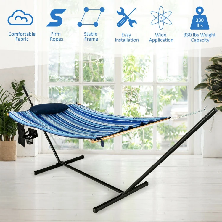 11.5 ft. Blue Fabric Cotton Double Brazilian Standing Hammock Bed with Pillow and Cup Holder