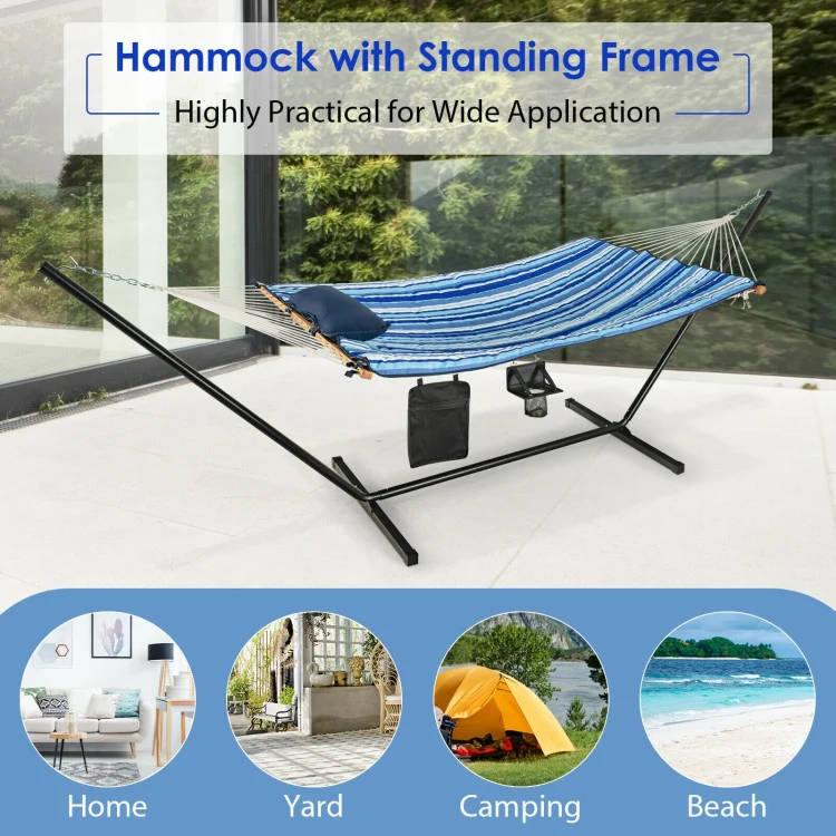 11.5 ft. Blue Fabric Cotton Double Brazilian Standing Hammock Bed with Pillow and Cup Holder