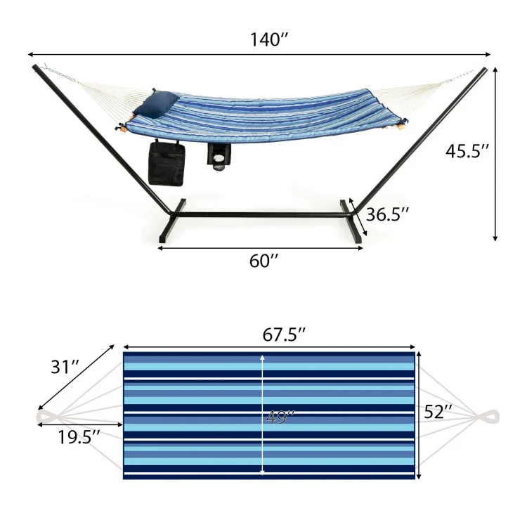 11.5 ft. Blue Fabric Cotton Double Brazilian Standing Hammock Bed with Pillow and Cup Holder