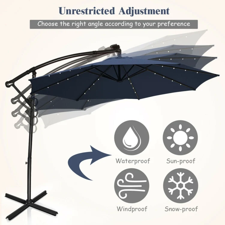 10 ft. 360-Degrees Rotation Aluminum Tilt Cantilever Patio Umbrella with LED Lights and Cross Base in Navy Blue