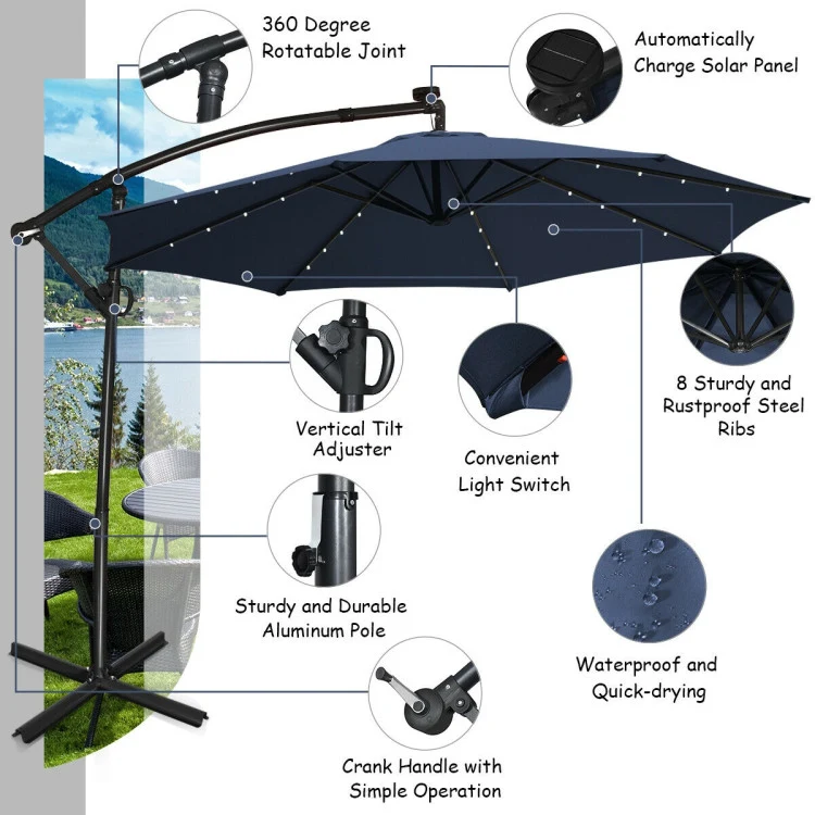 10 ft. 360-Degrees Rotation Aluminum Tilt Cantilever Patio Umbrella with LED Lights and Cross Base in Navy Blue