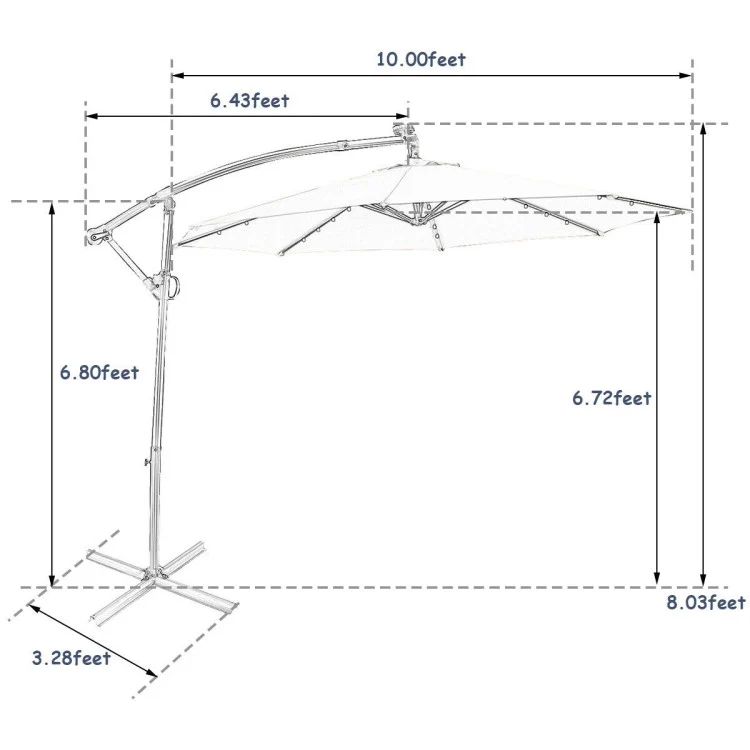 10 ft. 360-Degrees Rotation Aluminum Tilt Cantilever Patio Umbrella with LED Lights and Cross Base in Navy Blue
