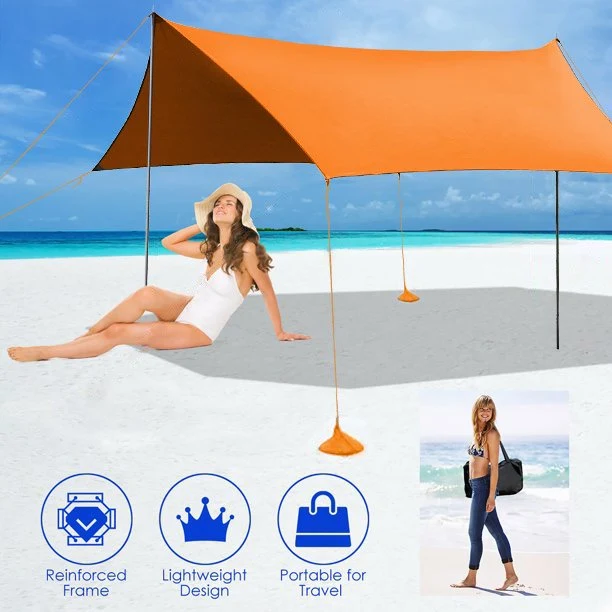 SUGIFT 10'x10' Portable Sun Shelter Beach Tent Canopy with 6 Sandbags, Orange