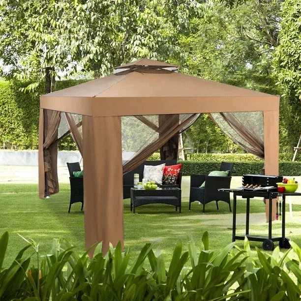 SUGIFT 10x10 Ft Outdoor Gazebo Patio Tents Garden Canopy Shelter W/ Netting, Brown