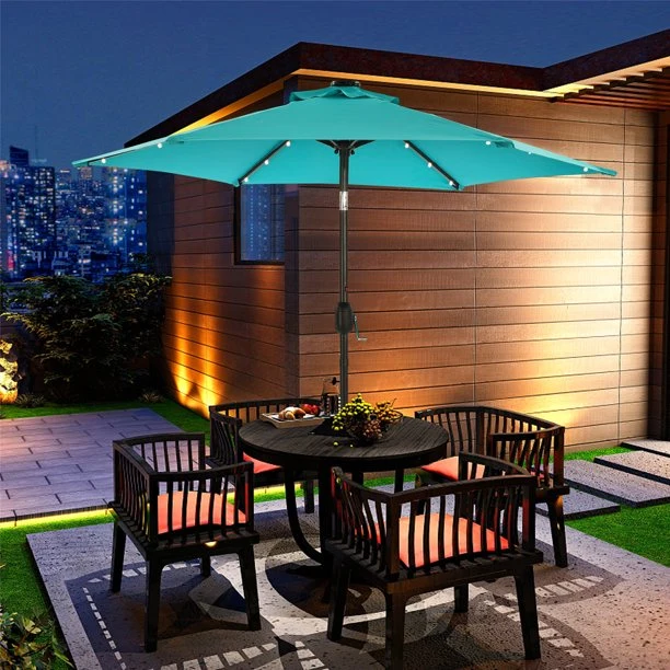 SUGIFT 7.5 ft Solar Umbrella 18 LED Lighted Patio Umbrella Market Table Umbrella for Deck, Pool,Turquoise